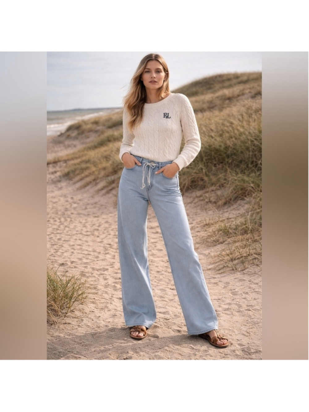 Flamingals light wash stretchy drawstring wide leg jeans size M OP-1-5